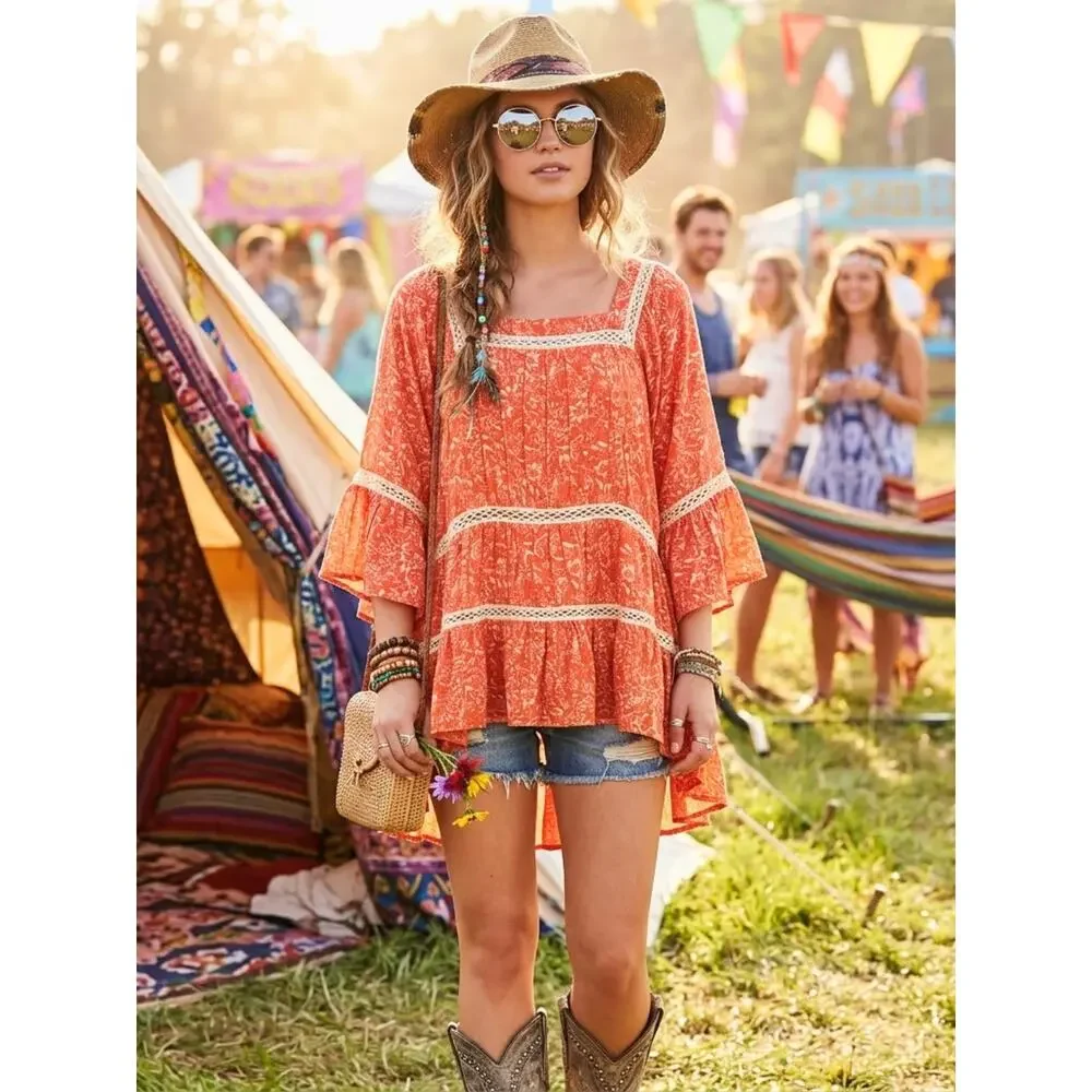 FREE PEOPLE Talk About It Orange Print Peasant Top With Crochet Trim, S